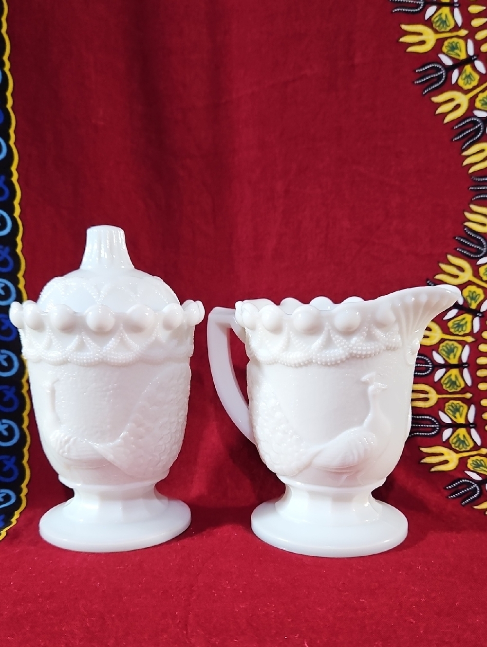 Antique/VTG Westmoreland White Milk Glass Peacock Sugar Bowl and Cream Pitcher